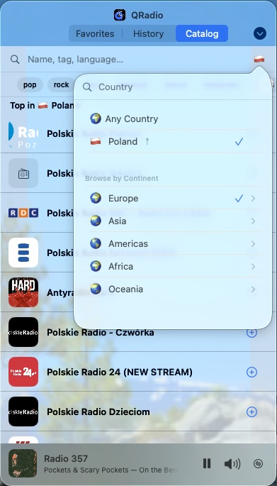 QRadio station catalog with country picker